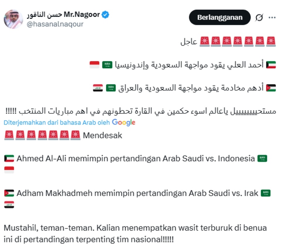 Jelang duel panas antara Timnas Indonesia vs Arab Saudi di babak keempat Kualifikasi Piala Dunia 2026, dipilihnya wasit Kuwait Ahmad Al Ali sebagai pengadil jadi polemik. [Tangkap layar X]
