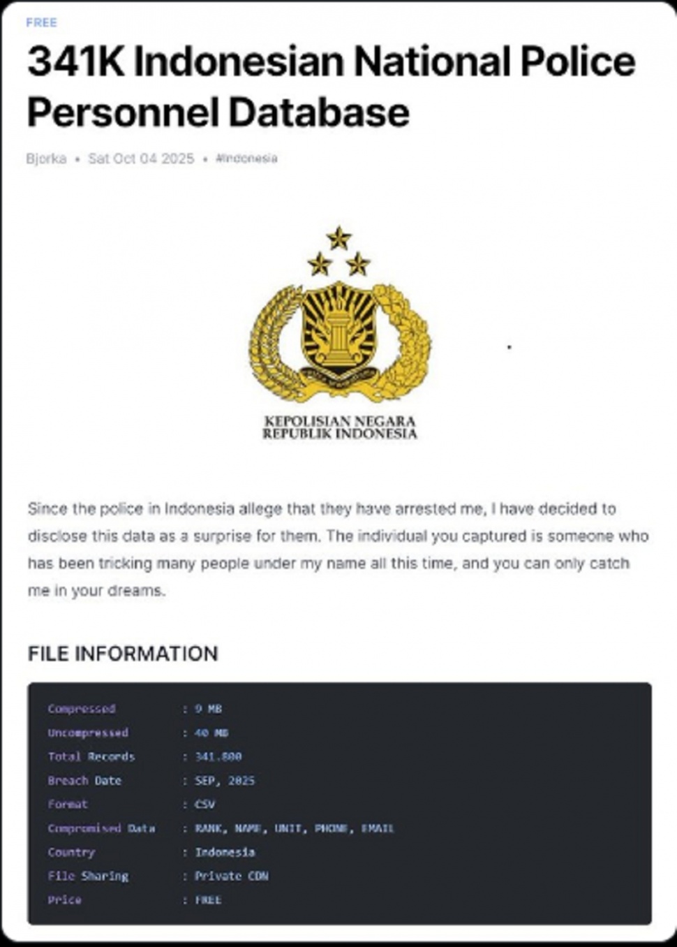Tangkapan layar pernyataan Bjorka asli yang membocorkan ratusan ribu data pribadi anggota Polri. (tangkapan layar/ist)
