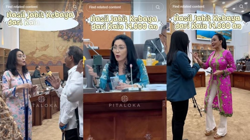 Gaya Rieke Diah Pitaloka pakai kebaya berbahan kain murah. (TikTok/riekediahp_official)