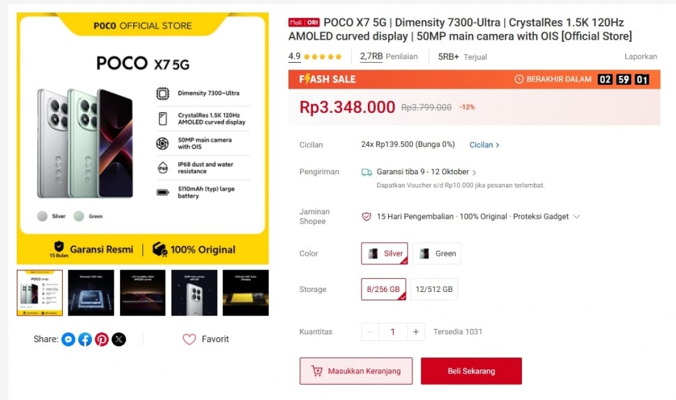Harga POCO X7 turun drastis pada Oktober 2025. (Shopee)
