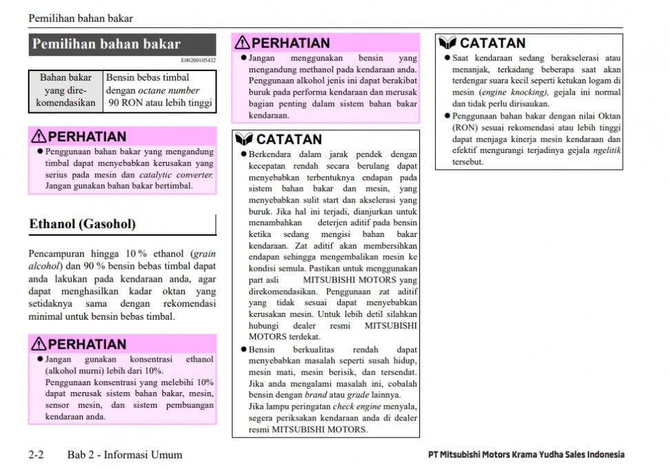 Buku manual Mitsubishi Xpander, terkait penggunaan BBM E10. (Mitsubishi Motors)