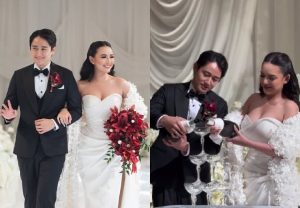 Kenny Austin dan Amanda Manopo melakukan pouring champagne. (Instagram/@thebridestory)