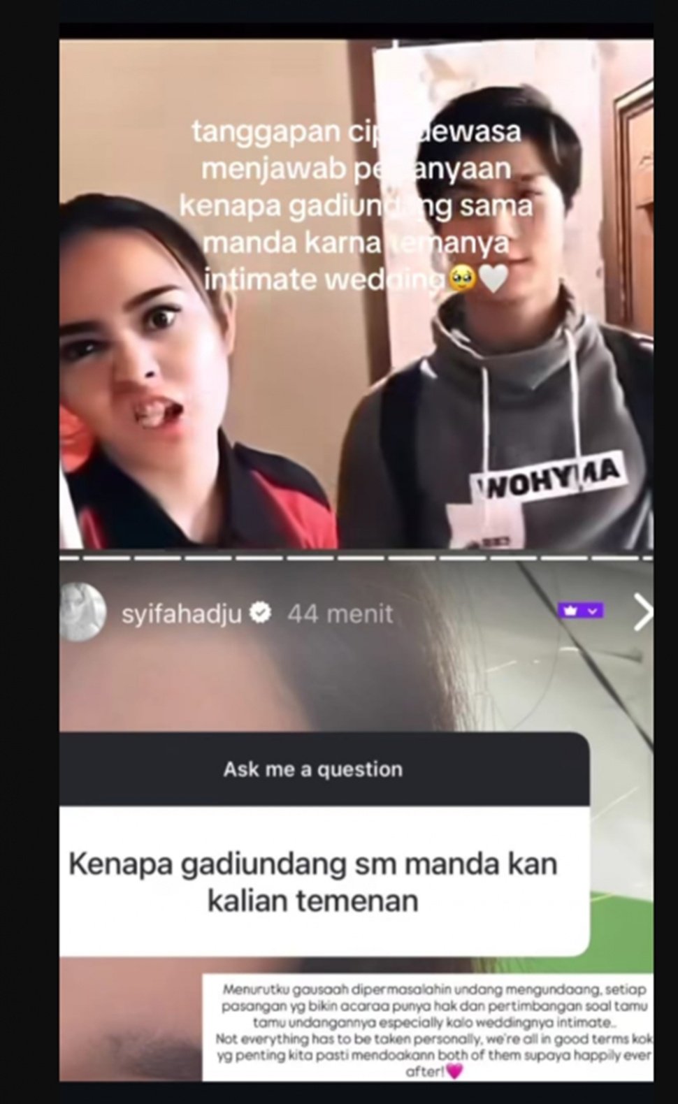 Unggahan Syifa Hadju soal tak diundang ke nikahan Amanda Manopo [Instagram]