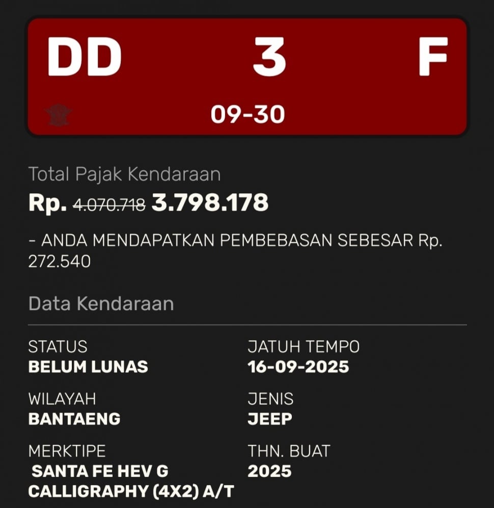 Bukti kendaraan dinas milik ketua DPRD Bantaeng, Sulawesi Selatan belum lunas pajak tertera di aplikasi Bapenda Sulsel.