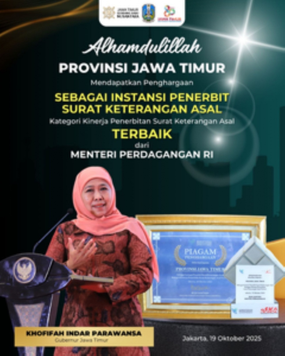 Provinsi Jawa Timur mendapatkan penghargaan sebagai Instransi Penerbit Surat Keterngan Asal. (Dok: Pemprov Jatim)
