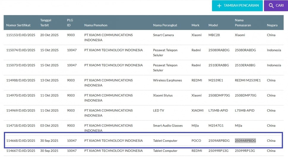 POCO Pad M1 lolos sertifikasi. (SDPPI)