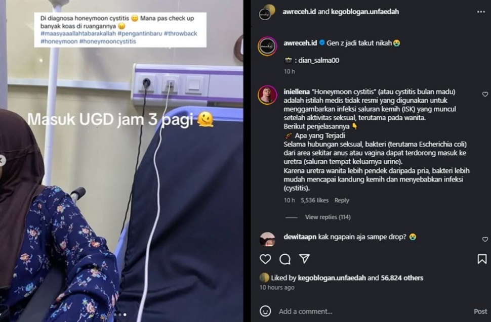 Viral Pengantin Baru Terkena Honeymoon Cystitis H+7. (Instagram/@awreceh.id)