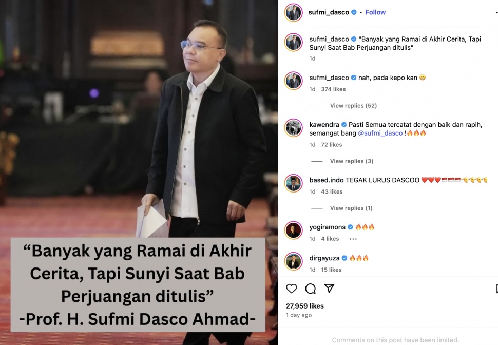 Ketua Harian Partai Gerindra Sufmi Dasco Ahmad mengunggah satu kalimat yang memicu spekulasi politik di Instagram. [Instagram]