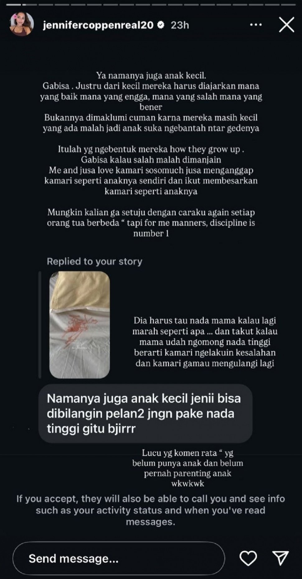 Jennifer Coppen memberi klarifikasi soal Justin Hubner yang "sentil" putrinya, Kamari. [Instagram]