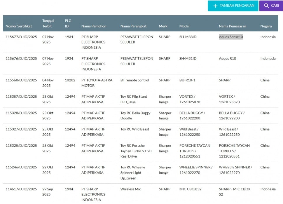 Sharp Aquos Sense 10 lolos sertifikasi di Indonesia. (SDPPI)