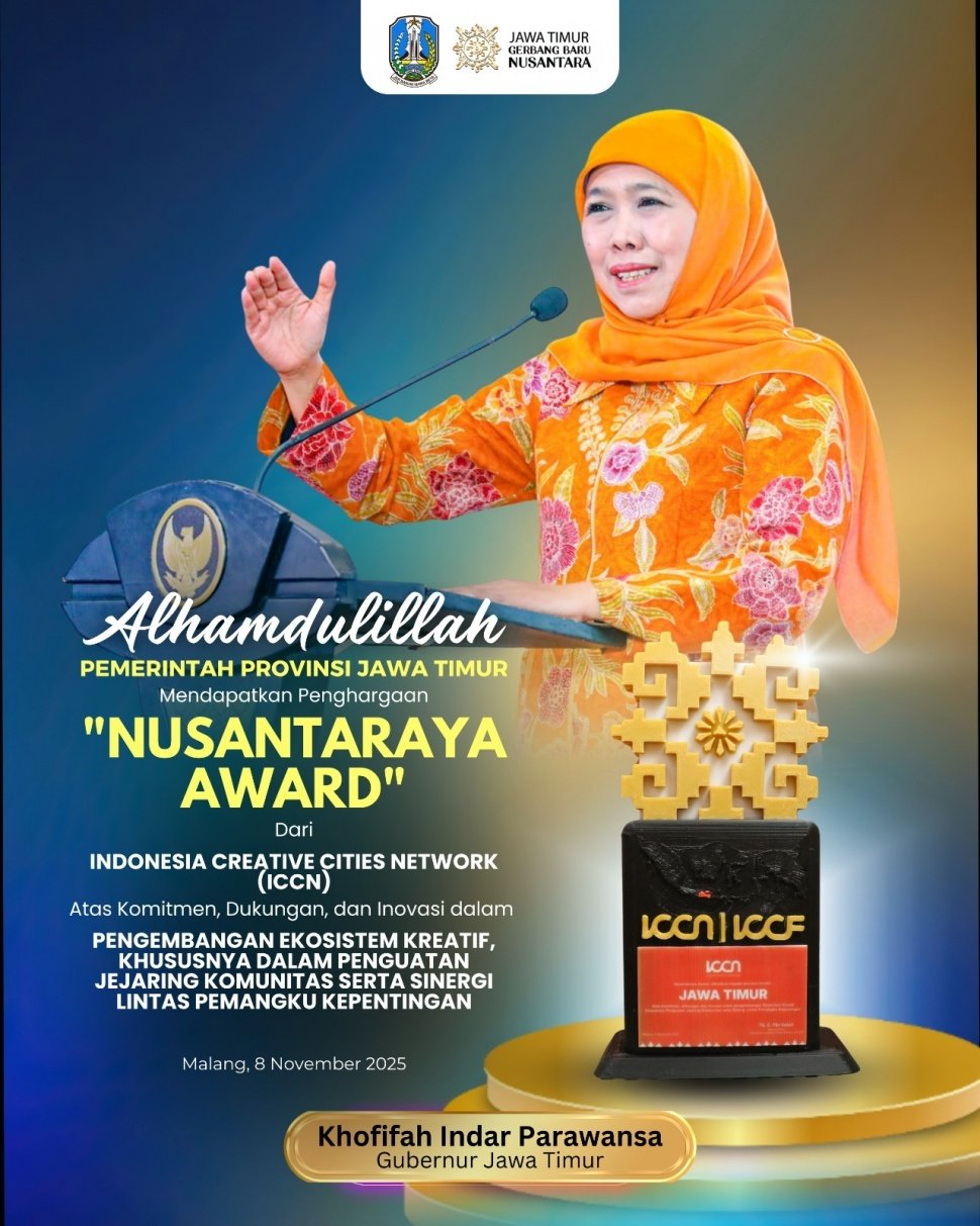 Pemprov Jatim berhasil meraih penghargaan Nusantaraya Award dalam ajang Indonesia Creative Cities Festival (ICCF) 2025. (Dok: Pemprov Jatim)