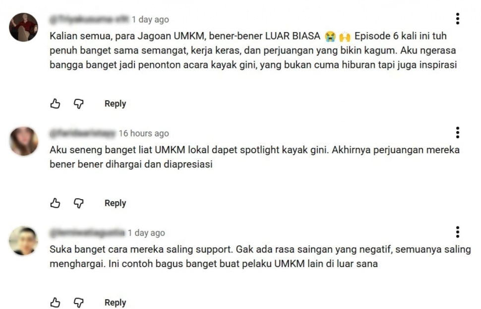 Komentar positif di YouTube dari para netizen terhadap kompetisi Shopee Jagoan UMKM