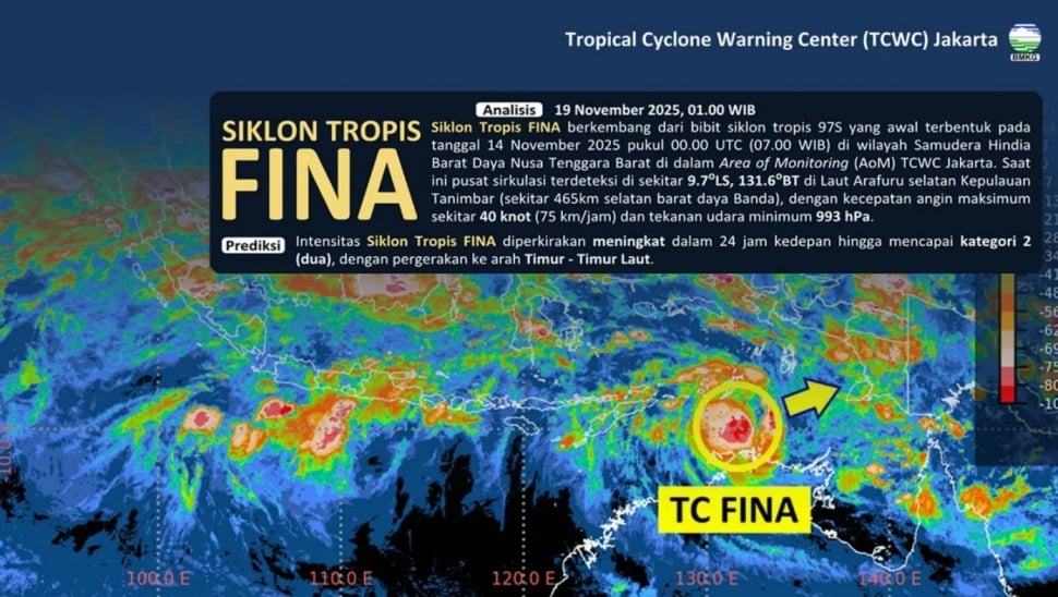 Siklon Tropis FINA terdeteksi di selatan Indonesia pada 19 November 2025. (BMKG)