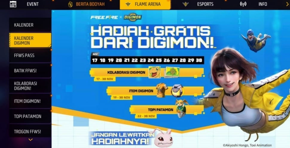 Hadiah gratis dari Digimon di Free Fire. (ist)