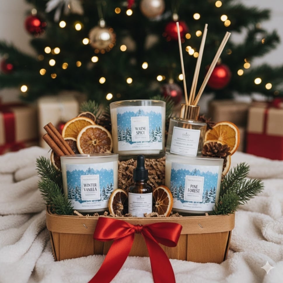 Ilustrasi hampers Natal lilin aromaterapi [Gemini AI]