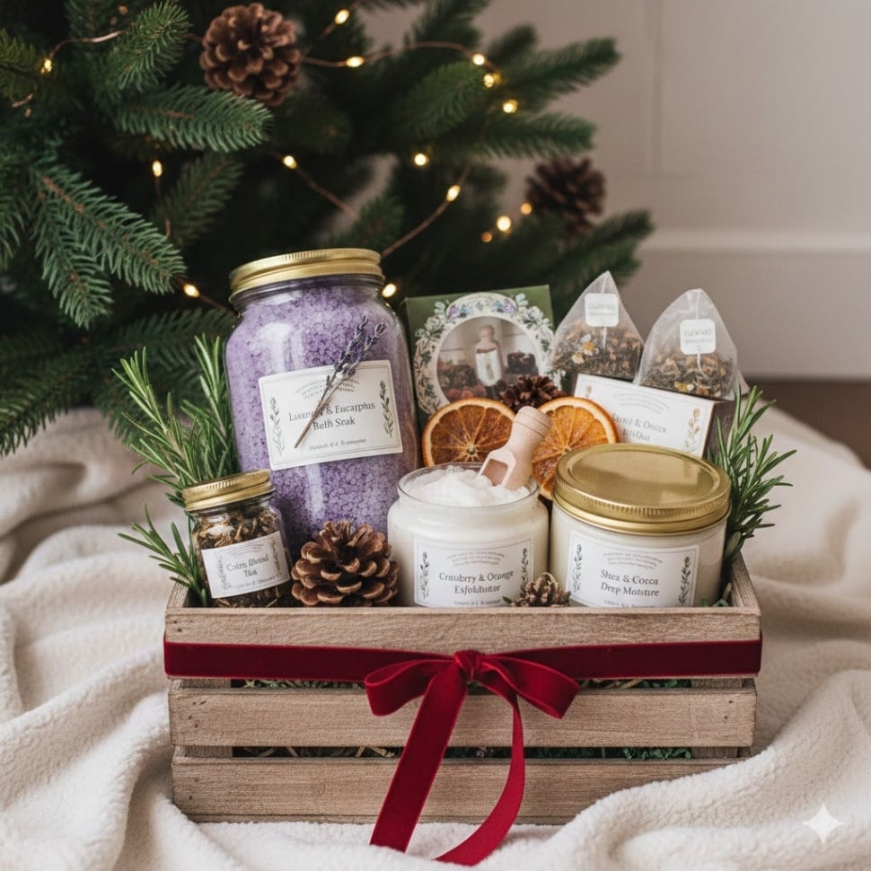 Ilustrasi hampers Natal wellness dan self-care [Gemini AI]