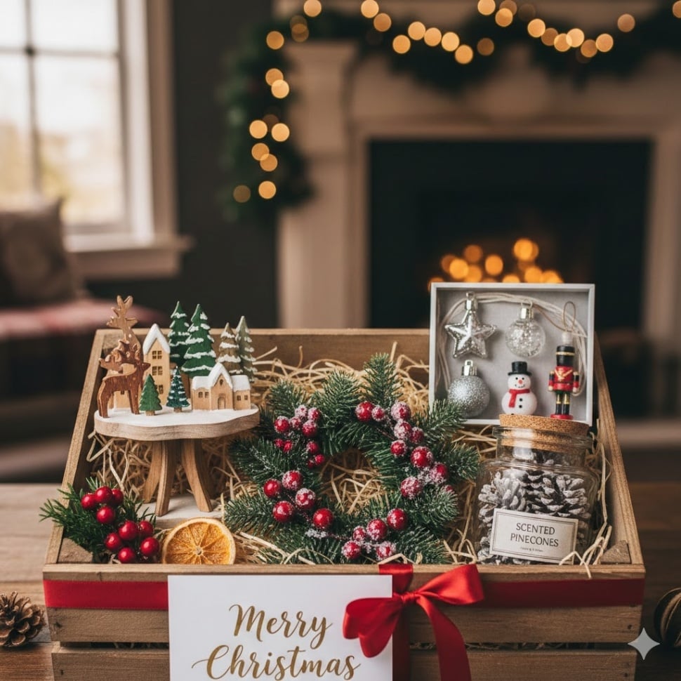 Ilustrasi hampers Natal home decor [Gemini AI]