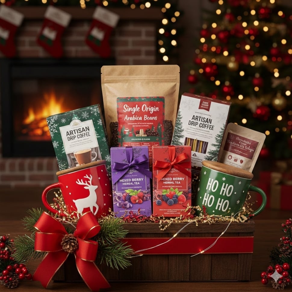 Ilustrasi hampers Natal teh dan kopi spesial [Gemini AI]