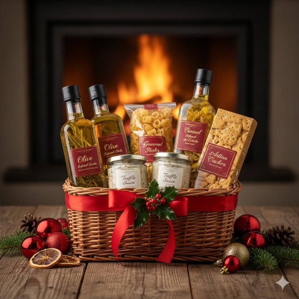 Ilustrasi hampers Natal gourmet {Gemini AI]