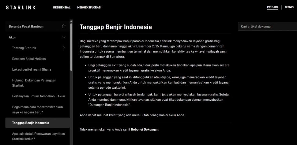 Pengumuman internet gratis Starlink. (Starlink)