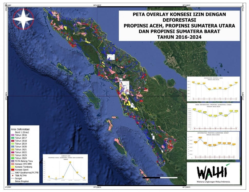 1,4 juta hektare hutan di Aceh, Sumatra Utara, dan Sumatra Barat terdeforestasi (2016-2025). (Dok. WALHI)