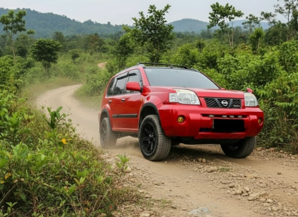Ilustrasi SUV murah Nissan X-Trail dengan Ground Clearance tinggi dalam jalanan terjal. (OLX, Google AI)