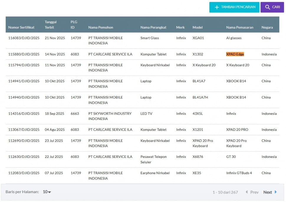 Infinix XPAD Edge lolos sertifikasi di Indonesia. (SDPPI Komdigi) 