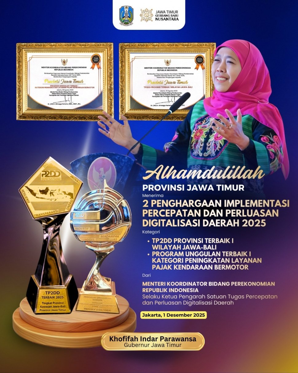 Provinsi Jawa Timur meraih penghargaan TP2DD Terbaik Kawasan Jawa-Bali. (Dok: Pemprov Jatim)
