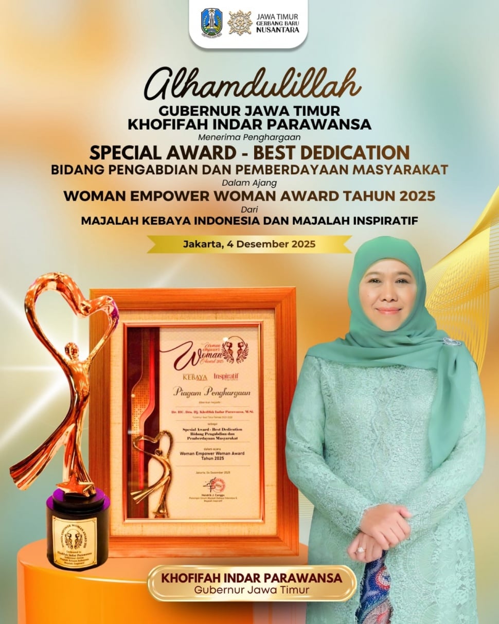 Gubernur Jawa Timur, Khofifah Indar Parawansa meraih penghargaan Woman Empower Woman Award 2025. (Dok: Pemprov Jatim)