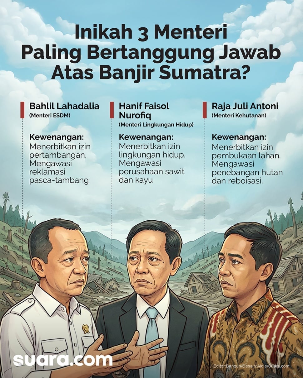 Siapa bertanggung jawab atas bencana banjir Sumatra?. (Suara.com/Aldie)