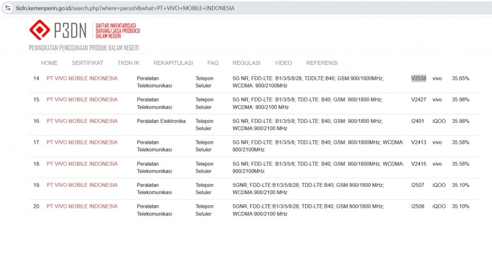 Vivo V2538 atau Vivo V70 lolos sertifikasi di Indonesia. (P3DN Kemenperin)