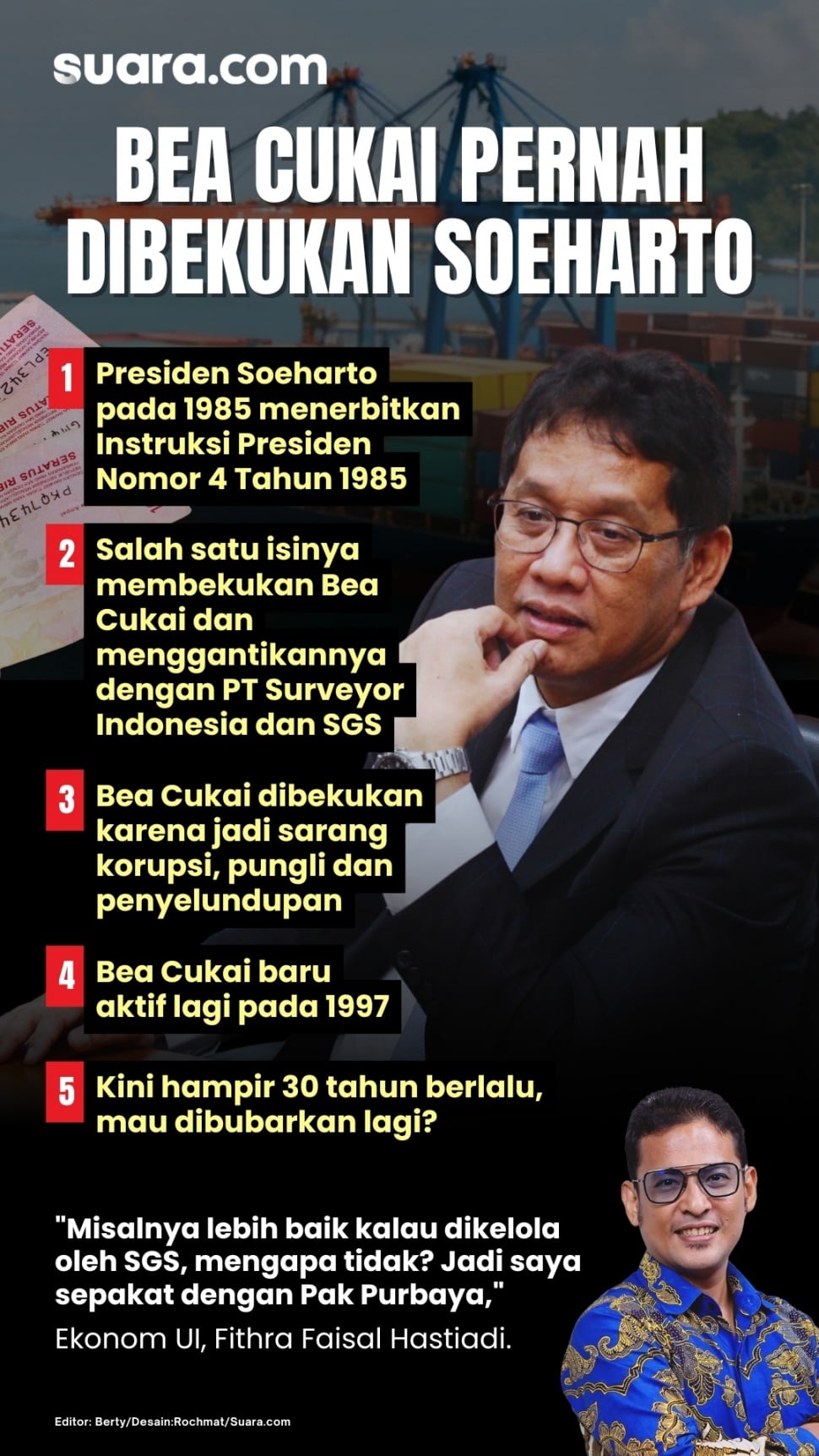 Bea Cukai pernah dibekukan Presiden Soeharto pada 1995 dan baru aktif lagi pada 1997. Disebut jadi sarang korupsi, pungli dan penyelundupan. [Suara.com/Rochmat]