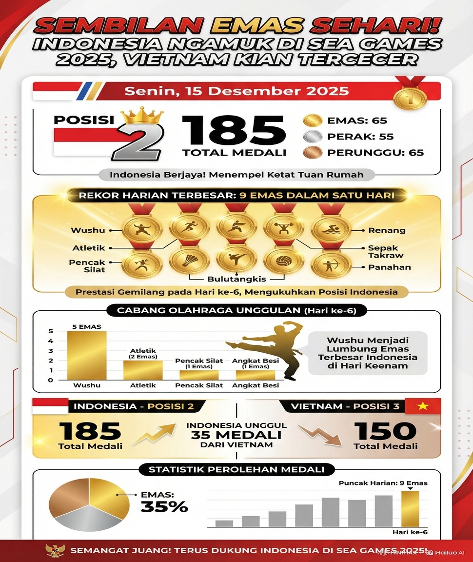 Sembilan Emas Sehari! Indonesia Ngamuk di SEA Games 2025, Vietnam Kian Tercecer [Suara,com]