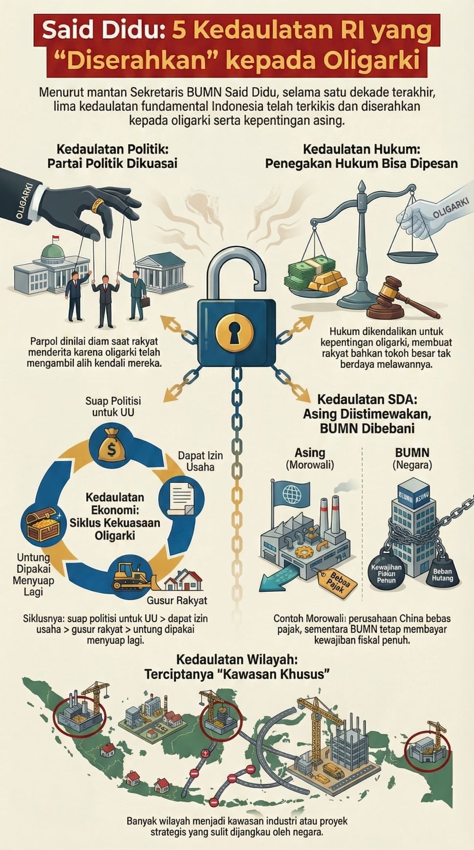 Infografis / Mantan Sekretaris BUMN Said Didu menilai selama satu dekade kepemimpinan Joko Widodo, lima  kedaulatan Indonesia telah diserahkan kepada oligarki dan asing. (Suara.com/notebooklm)