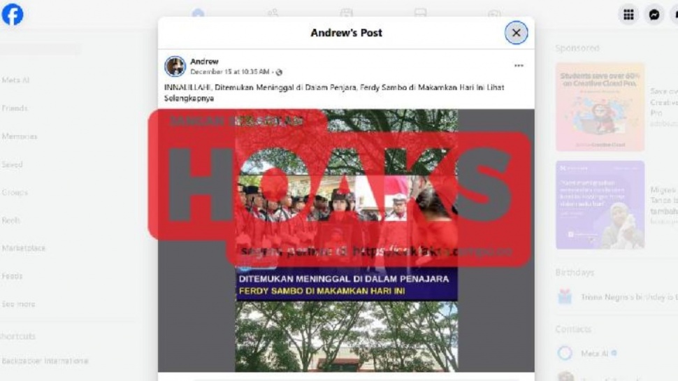 cek fakta Ferdi Sambo meninggal di penjara