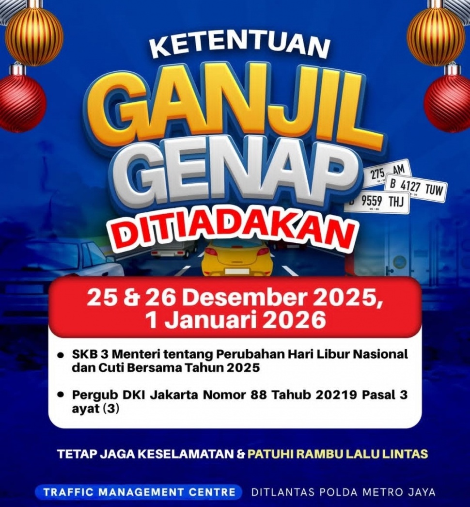 Ganjil Genap di Jakarta pada Libur Natal dan Tahun Baru. (Dok. TMC Polda)