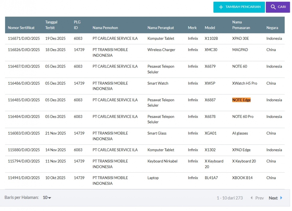 Infinix Note Edge lolos sertifikasi di Indonesia. (Postel Komdigi)