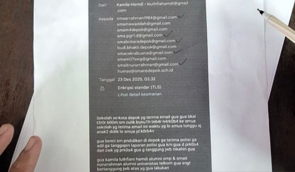 Bentuk pengancaman oleh pelaku terhadap 10 sekolah di Depok, Jawa Barat pada Selasa (23/12/2025). (ANTARA/HO-Humas Polres Metro Depok)
