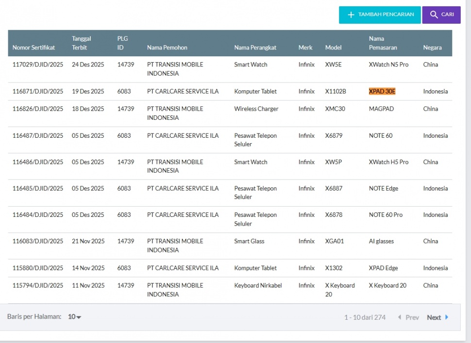 Infinix XPAD 30E lolos sertifikasi di Indonesia. (SDPPI) 