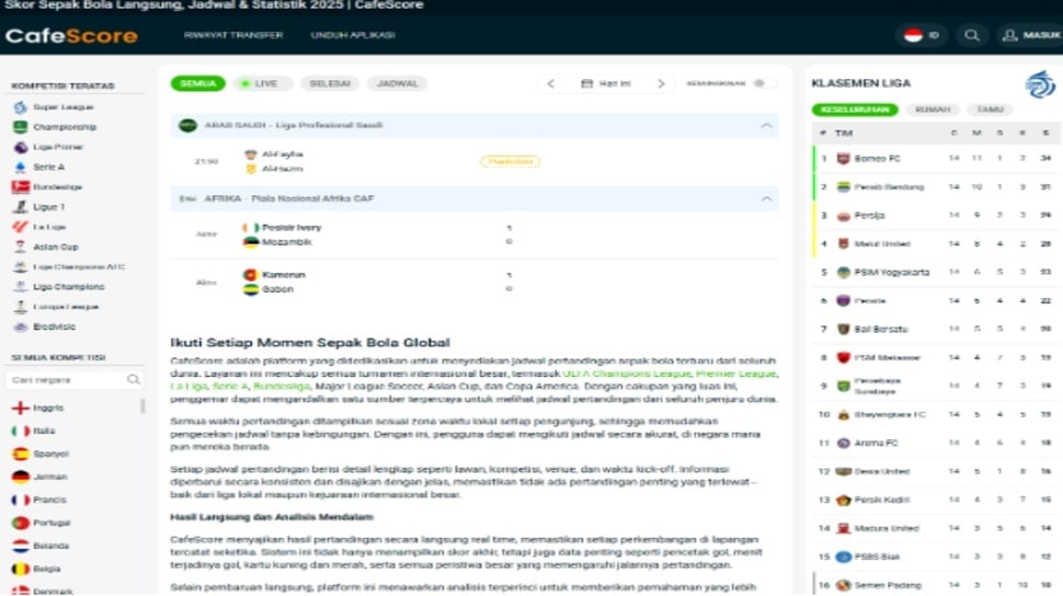 Halaman utama Cafescore - menyediakan statistik sepak bola paling akurat dan real-time.