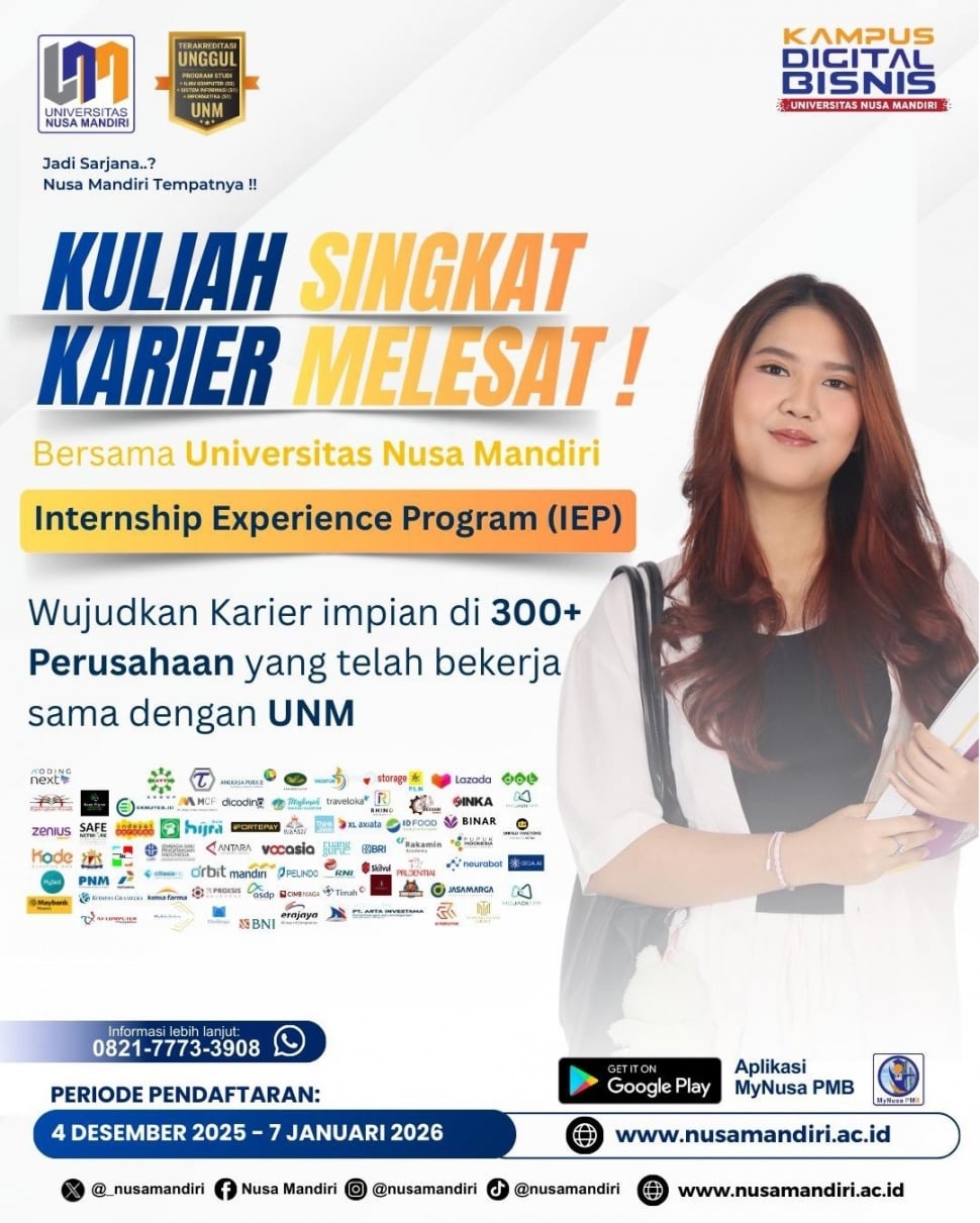 Universitas Nusa Mandiri (UNM) membuka kesempatan bagi calon mahasiswa melalui Penerimaan Mahasiswa Baru (PMB) Gelombang Keenam. (Dok: RankPillar)