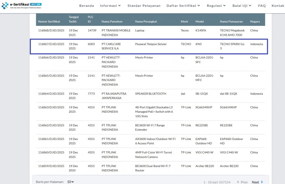 Tecno Spark Go 3 lolos sertifikasi di Indonesia. (SDPPI)
