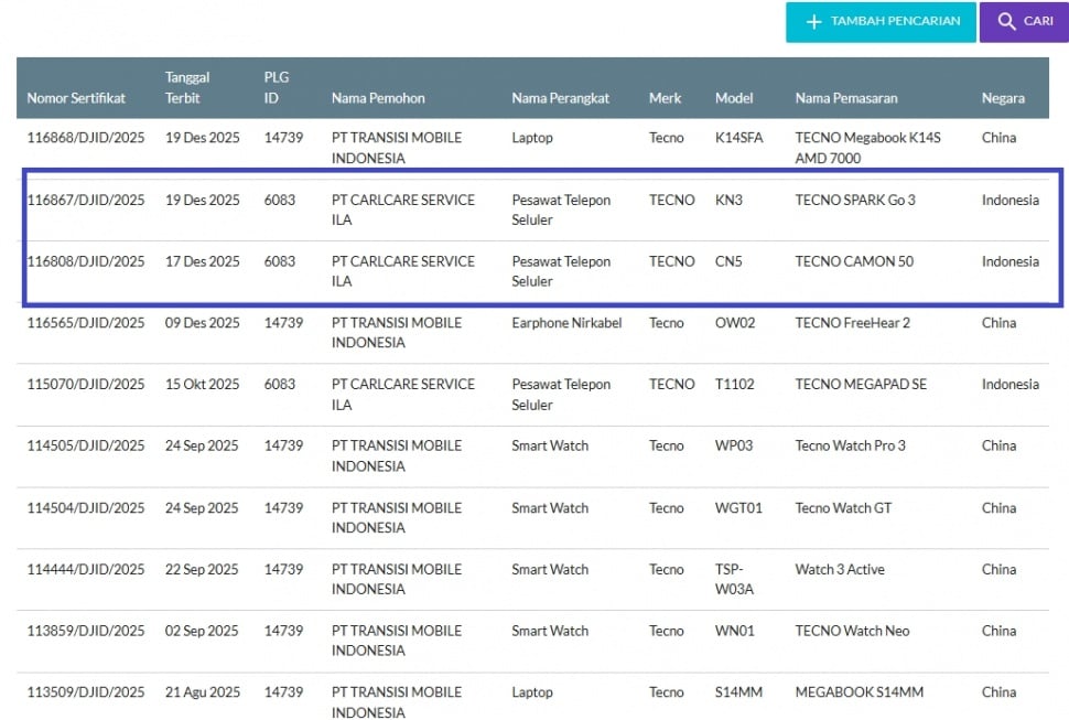 Tecno Camon 50 lolos sertifikasi di Indonesia. (Postel Komdigi)