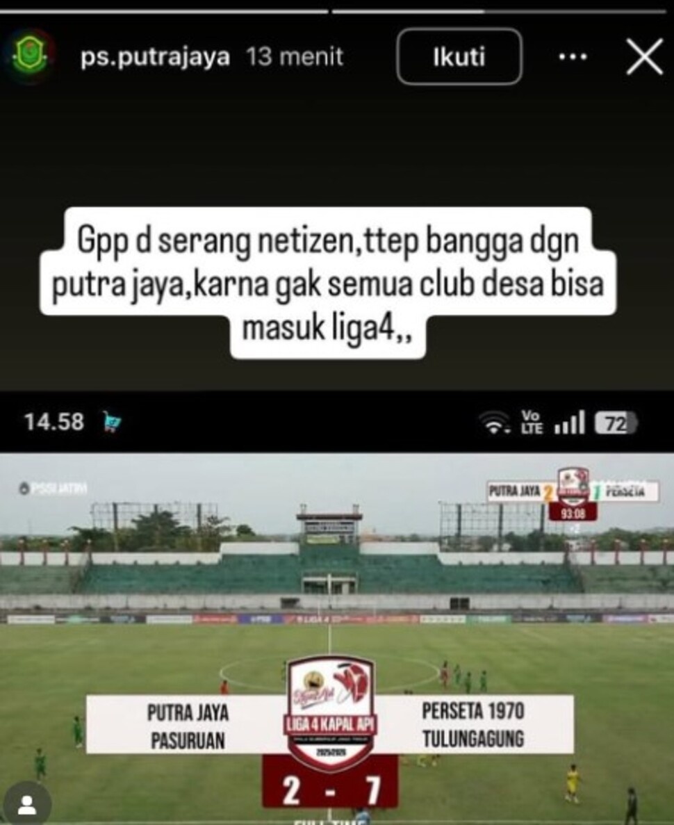 Brutal! Muhammad Hilmi Tendang Dada Lawan dengan Sengaja, PS Putra Jaya: Gak Apa-apa, Tetap Bangga [Tangkap layar Instagram]