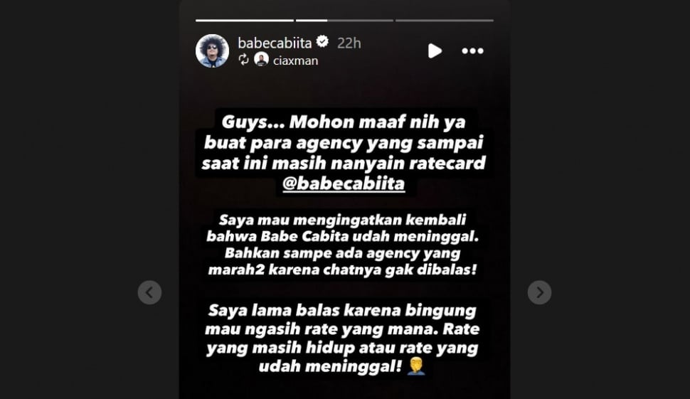 Istri Babe Cabita mengungkap masih banyak agency yang bertanya soal rate card sang suami. [Instagram]