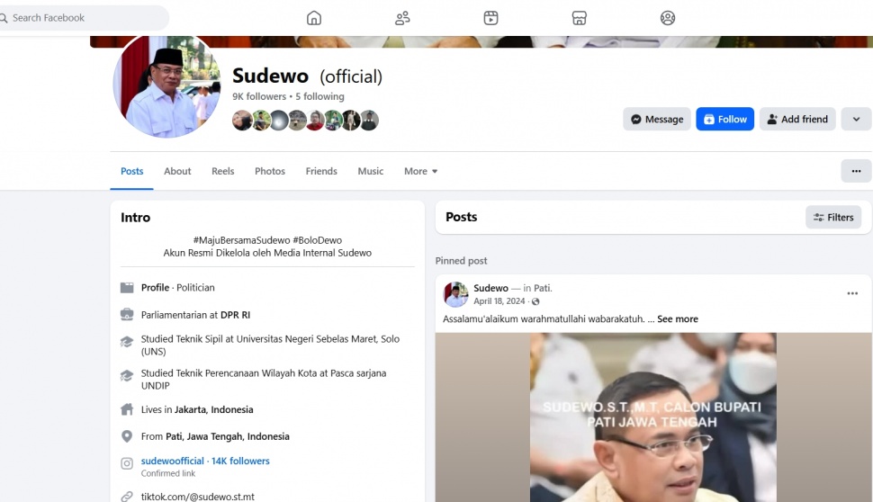 Akun Facebook Bupati Pati Sudewo. (ist)