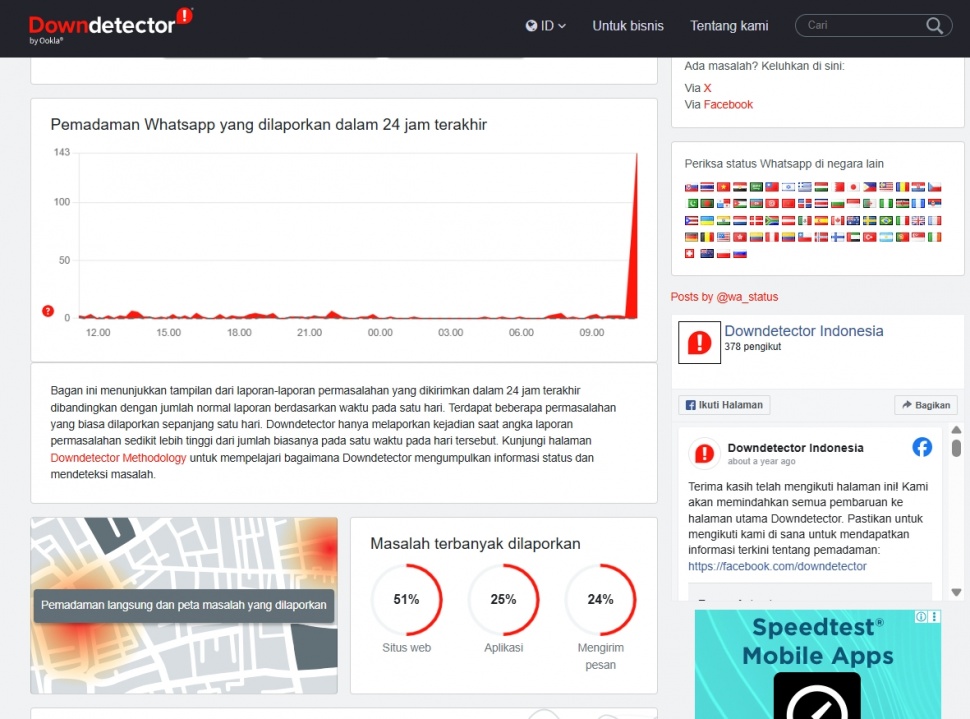 WhatsApp mengalami masalah pada Kamis, 22 Januari 2026 pukul 10.30 WIB. (Down Detector)