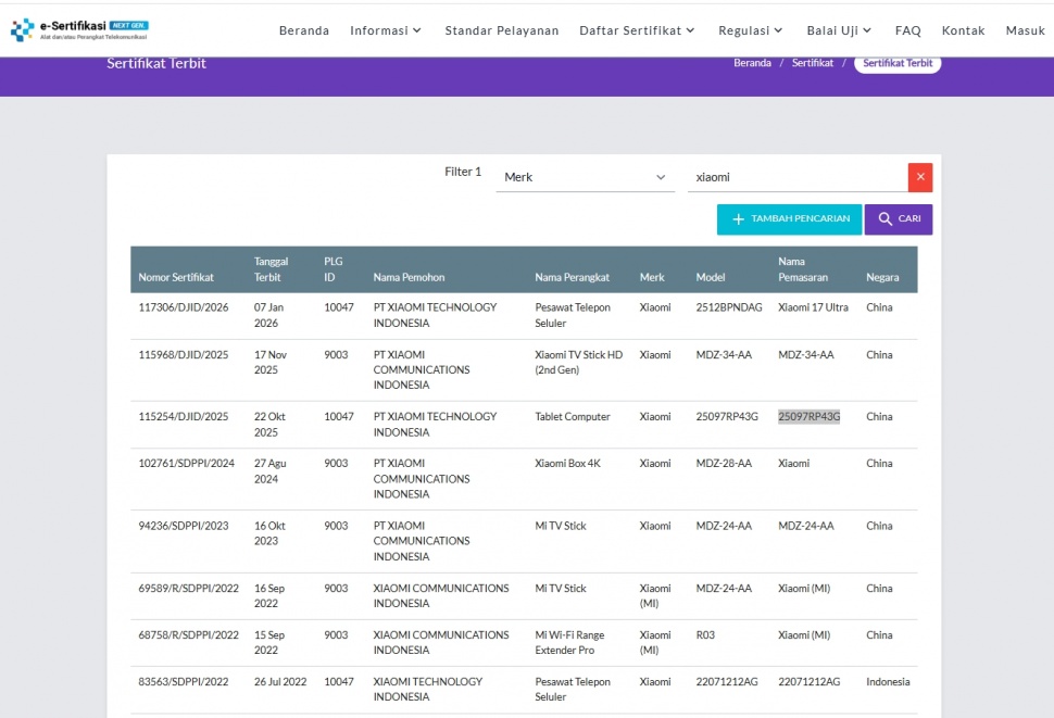 Xiaomi Pad 8 lolos sertifikasi Postel Komdigi. (Postel)