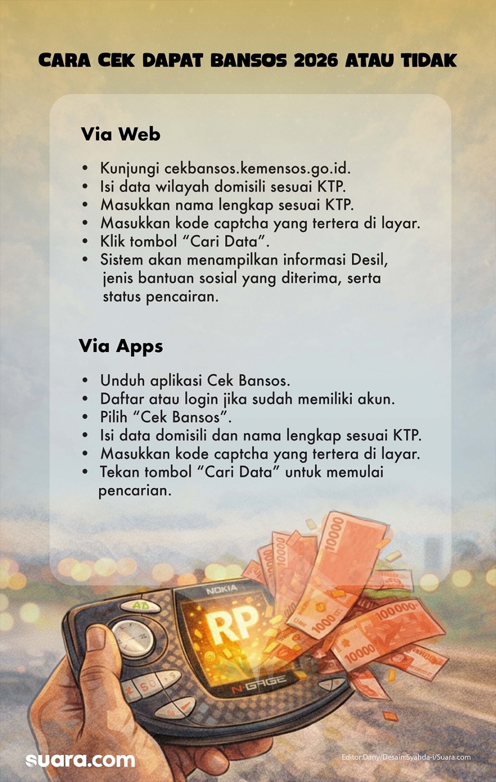 Infografis Cara Cek Dapat Bansos. (Syahda/Tim Desain Suara.com)