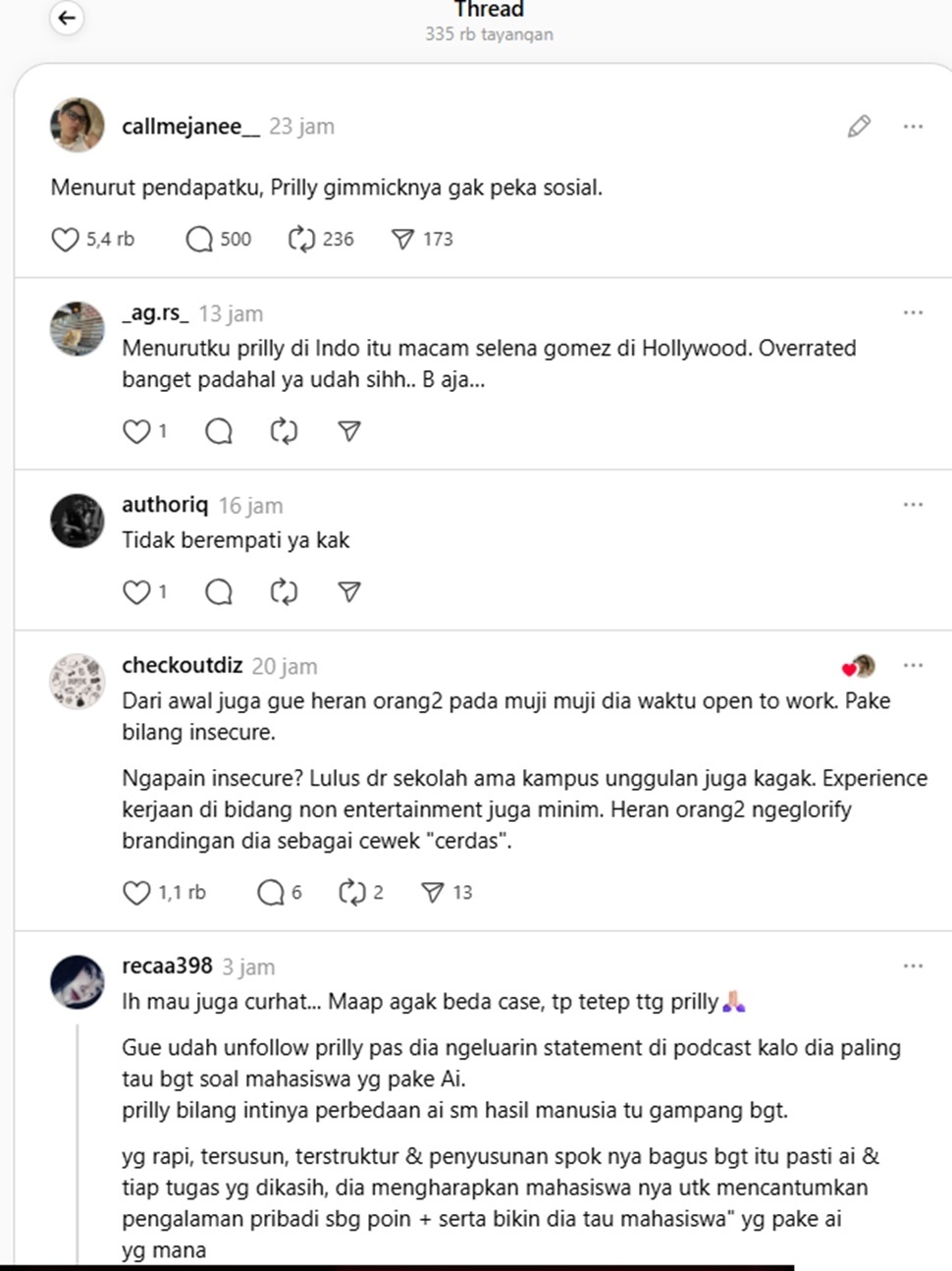 Aksi Open To Work Prilly dikritik. 